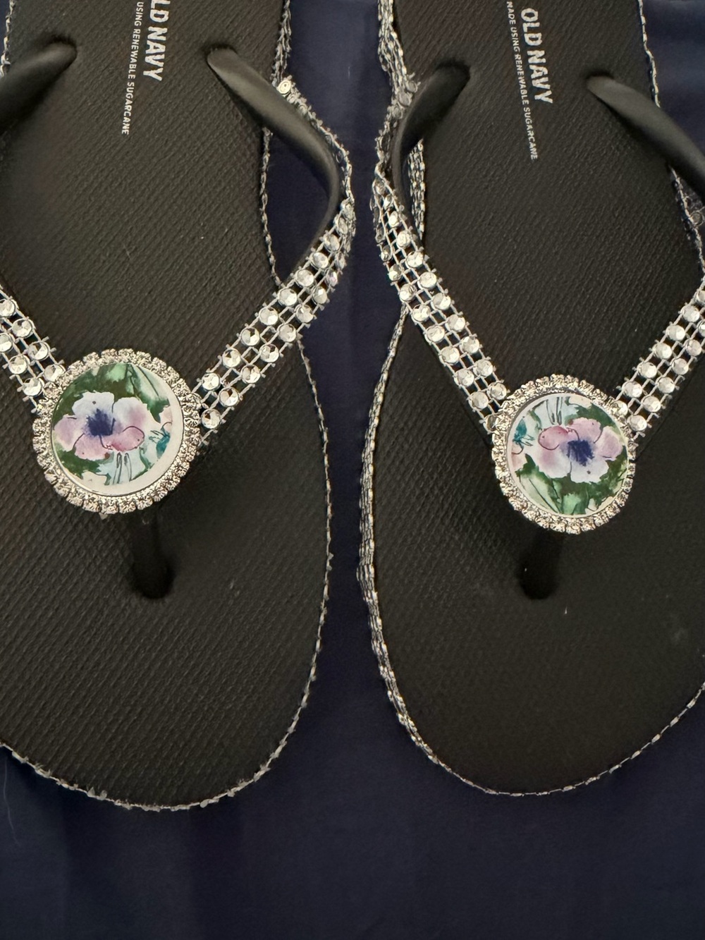 Women's Black Floral Jeweled Flip Flops